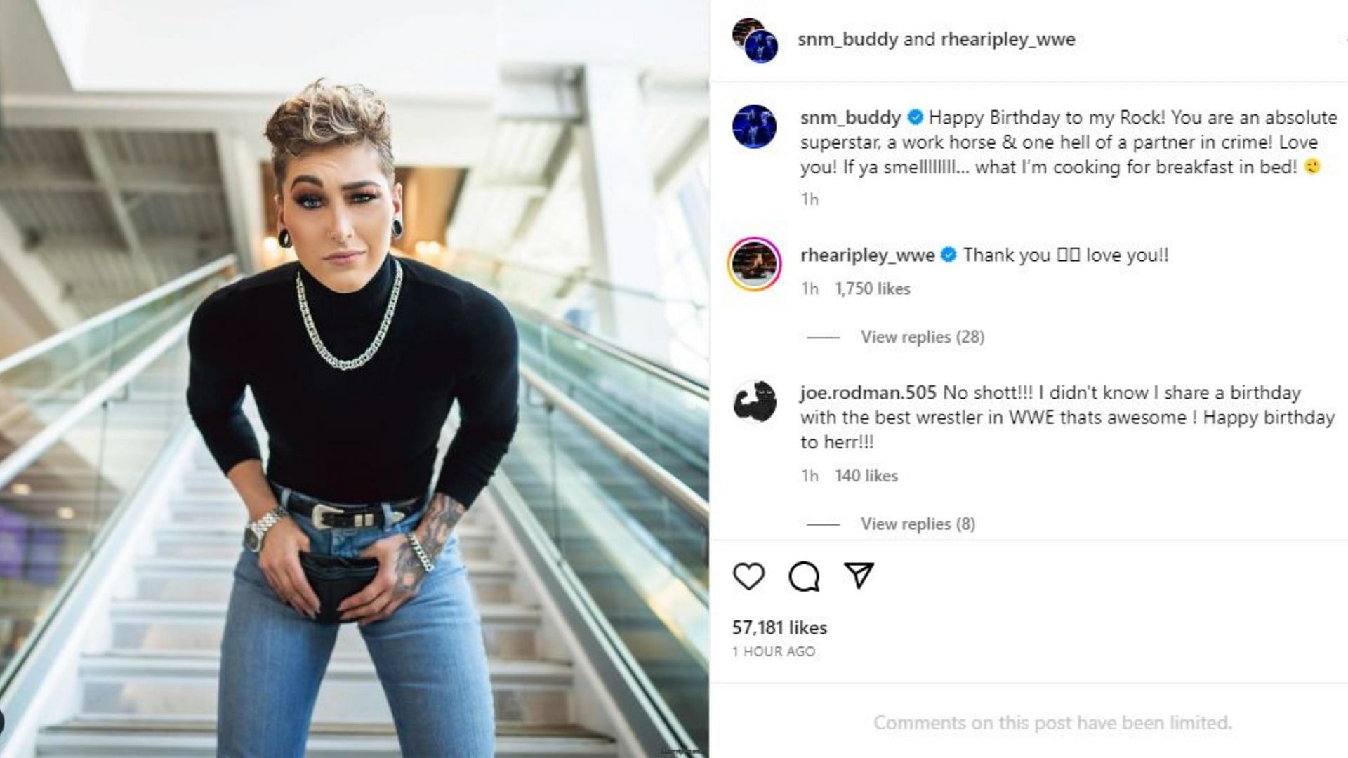 Buddy Matthews' post and Rhea Ripley's comment